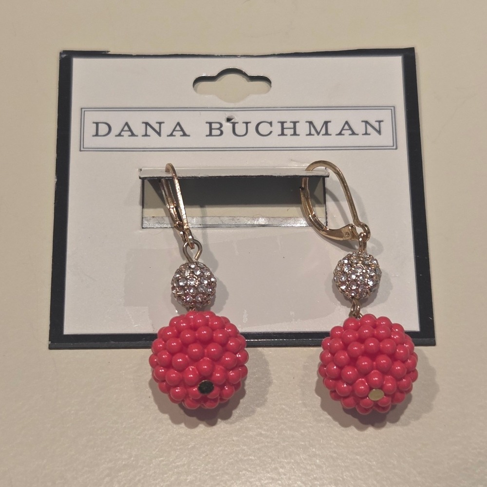 Dana Buchman Pink Beaded Dangle Earrings Crystal Accent Leverback Gold Tone